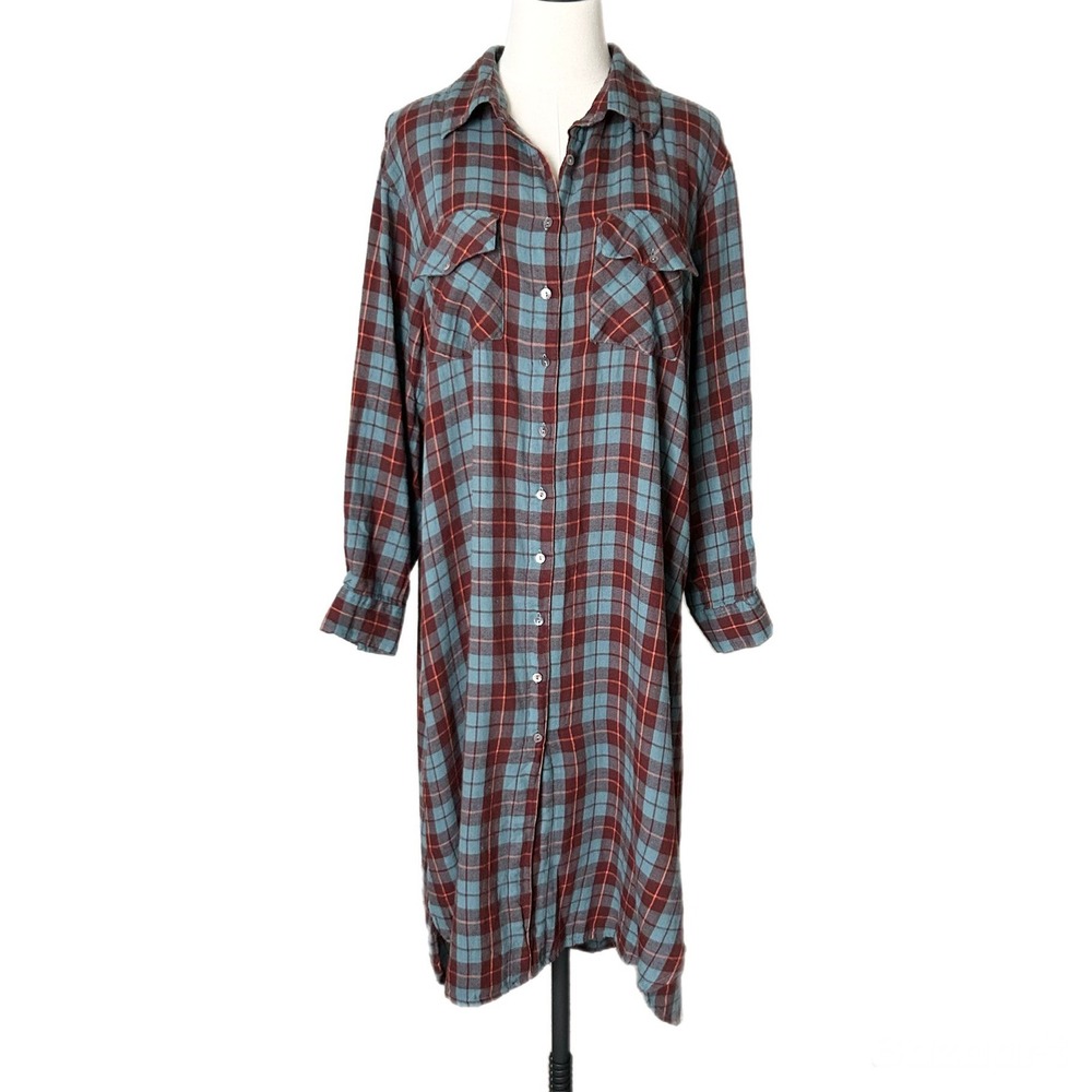 Natural Life Cooper Plaid Cotton Flannel Shirt Dress Burgundy Teal Size Large - Picture 2 of 6